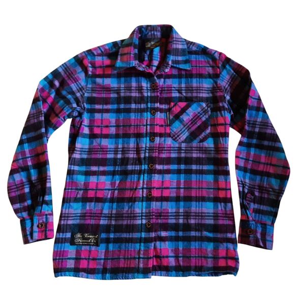 Vermont Flannel Women's S Button Down Bright Turquoise Blue & Pink Plaid Cotton - Picture 1 of 6